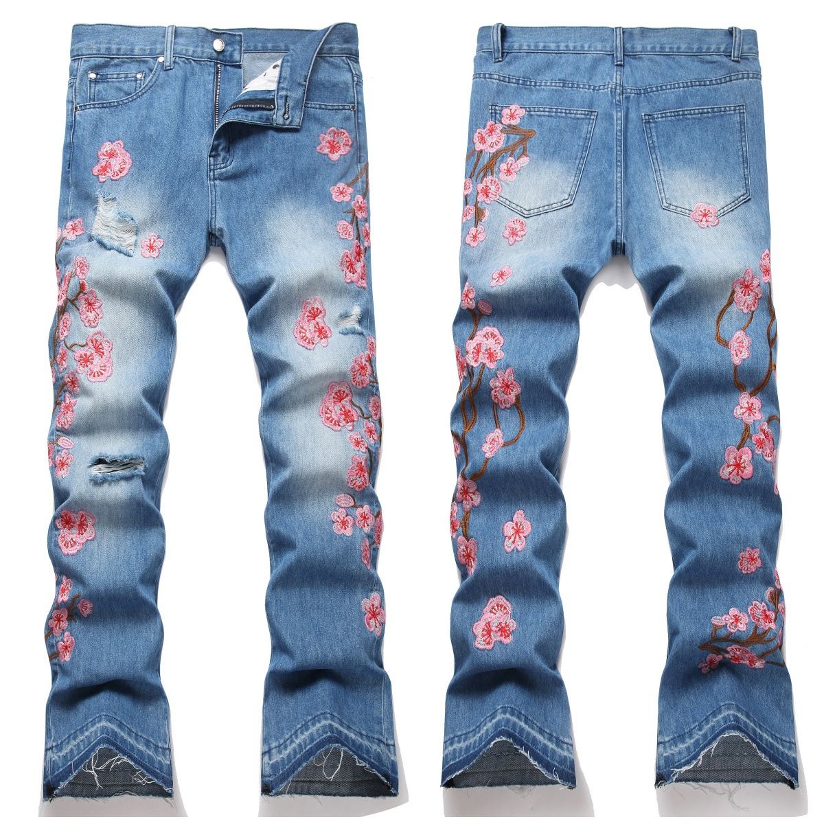 In-stock Vintage European And American Style Men's New Slim-fit Flared Denim Pants With Plum Blossom Embroidery_mkmklike.com