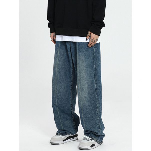 Nordmann Premium Jeans For Men Youth Spring Autumn Loose Straight Casual Long Japanese Retro Washed Distressed Wide-Leg Pants_mkmklike.com