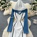 Vintage Denim Patchwork Hooded Dress - Casual Elegant Midi Dress For Women, Slim Fit High Waist, Long Sleeve, Pullover Style_mkmklike.com
