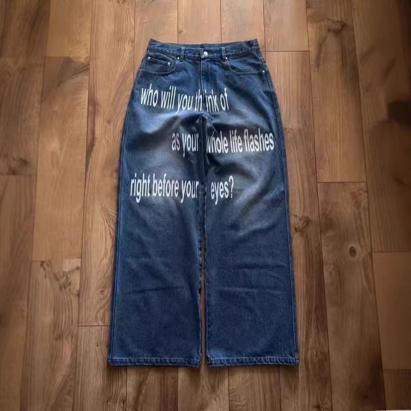 Retro Washed Distressed Straight Leg Jeans For Men And Women Casual Street Style Autumn Winter Printed Denim_mkmklike.com