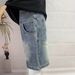 Men's Relaxed Fit Denim Shorts Front Back Splicing Design American Retro Style Loose Straight Leg Washed Distressed Five Point Length_mkmklike.com