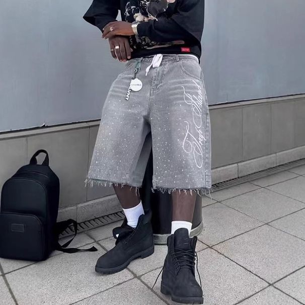 Men Summer Casual Denim Shorts Knee Length Trendy Letter Embroidered Shiny Rhinestone Decor Jeans Shorts With Pockets_mkmklike.com