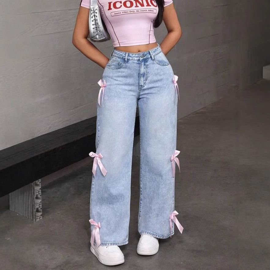Streetwear High-Waisted Wide-Leg Jeans – Oversized Straight Fit With Bow Accents, Vintage Washed Denim For Grunge & Gothic Aesthetic_mkmklike.com