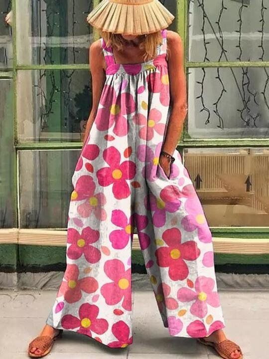 Women's 2023 Summer New Large Fashion Print Loose Strap Wide Leg Jumpsuit_mkmklike.com