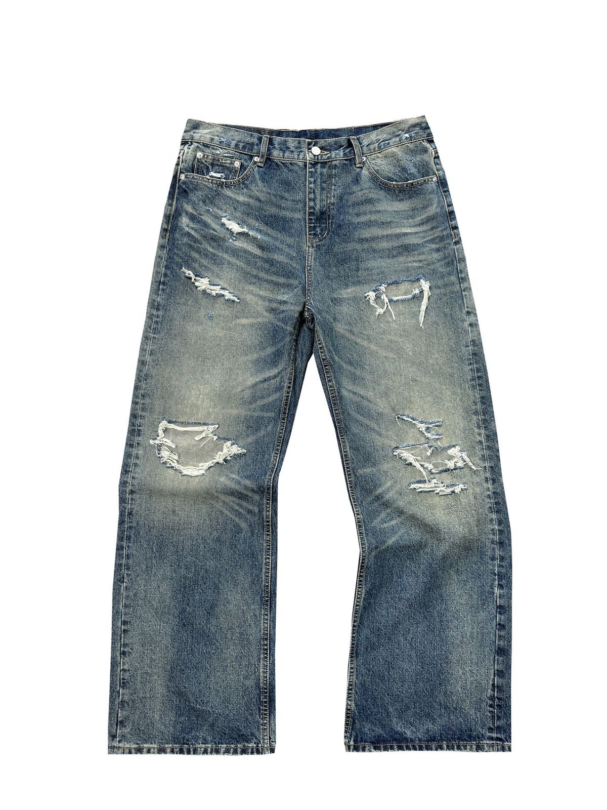Vintage Washed Distressed Denim Jeans For Men - Straight Loose Fit With Patchwork & Cat Whiskers Design_mkmklike.com