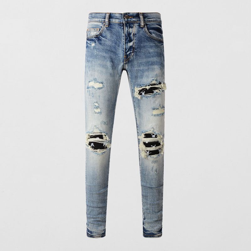 Men's Clothing Street Fashion Men's Jeans Distressed Light Blue Patch Hip Hop Slightly Elastic Slim Fit Skinny Jeans Men's Trend_mkmklike.com