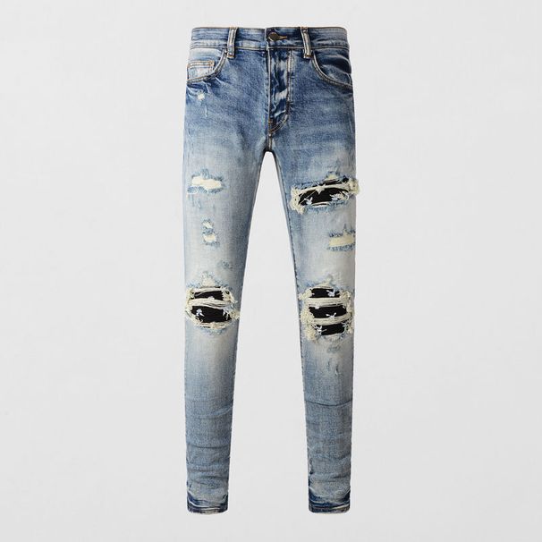 Men's Clothing Street Fashion Men's Jeans Distressed Light Blue Patch Hip Hop Slightly Elastic Slim Fit Skinny Jeans Men's Trend_mkmklike.com
