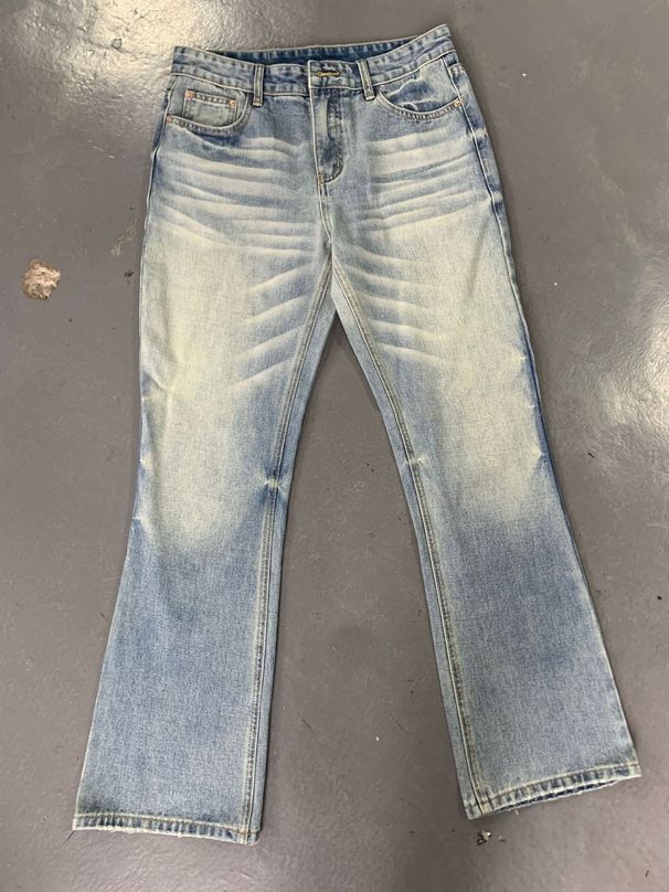 Men's Clothing Vintage Distressed Ice Blue Cream Faded Whisker 646 Flared Jeans_mkmklike.com