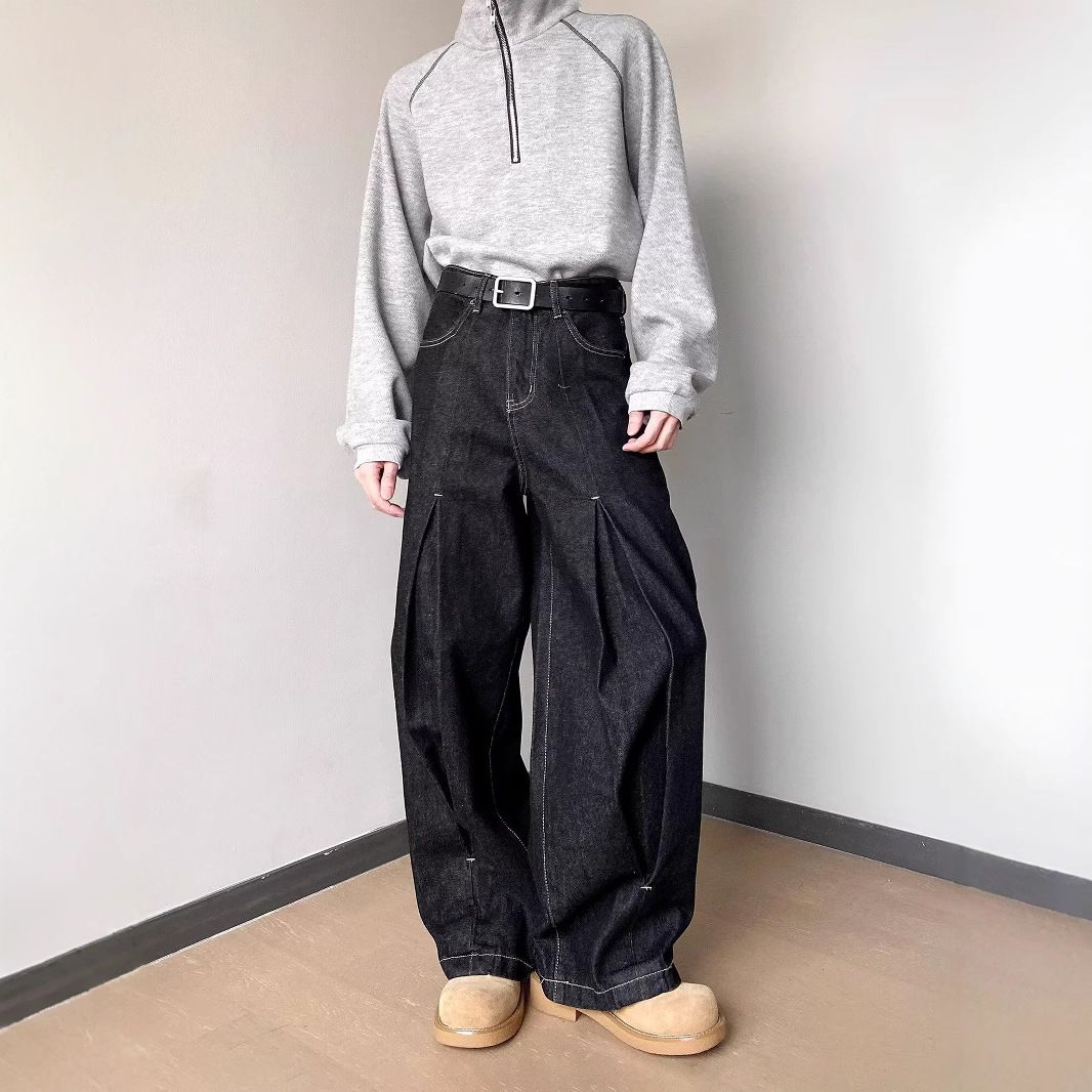 Black – Vintage American Loose-Fit Denim Pants With 3d Pleats & Blade Cut For Men & Women Blade Cut Hem_mkmklike.com