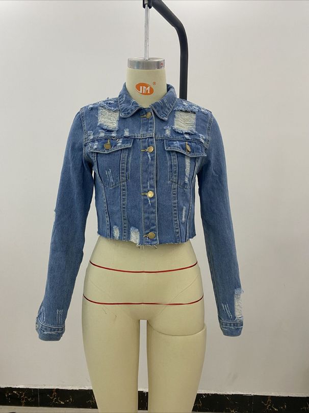 K New Short Casual Ripped Denim Jacket For Women; Slim Fit._mkmklike.com