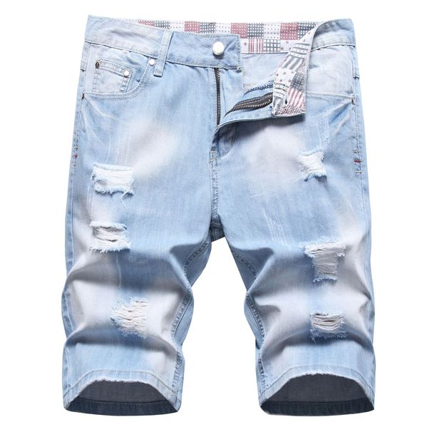 Men's Fashion Ripped Denim Shorts - Korean Style Loose Fit Straight Cut Summer Casual Short Pants With Printed Design_mkmklike.com