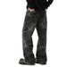 Men's Clothing High Street Lightning Pattern Washed Black And Gray Jeans Straight Slim Cleanfit Pants_mkmklike.com