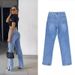 women's high waist slim straight denim trousers floor-length trousers ripped leg slits drape slightly flared trousers_mkmklike.com