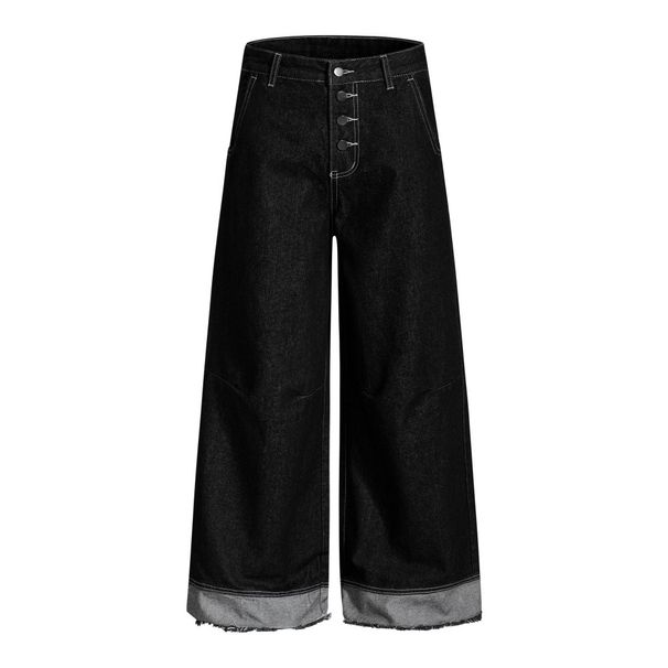 Loose Wide-Leg Jeans High Street Workwear Multi-Pocket Design Color Block Patchwork Frayed Straight Long Pants For Men_mkmklike.com