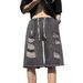 Men's American Style Workwear Shorts Summer Functional Casual Straight Leg Five Point Ripped And Frayed Jeans_mkmklike.com