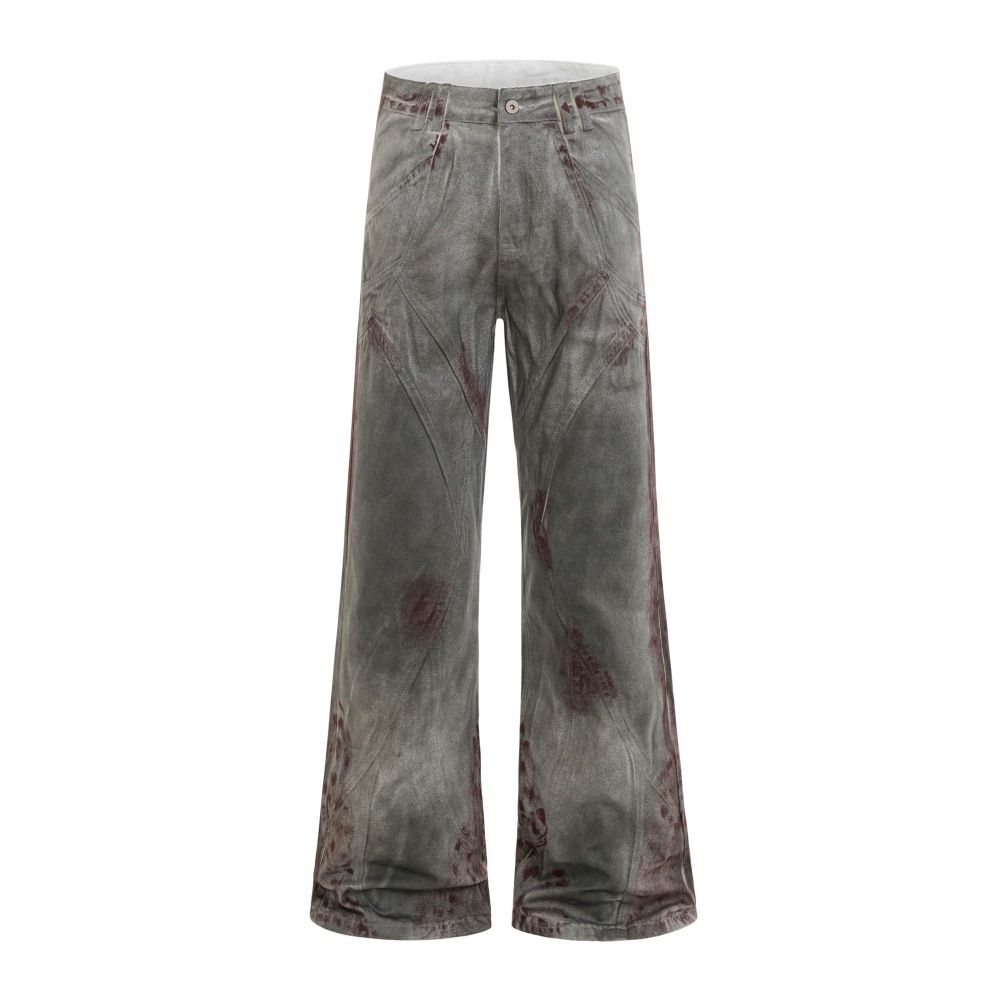 Post-Industrial Style Heavy-Duty Distressed Dirty Denim Flared Pants Men's Niche Design Deconstructed Loose Wide-Leg_mkmklike.com
