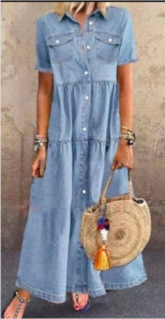ELLE ELLE 2021 Cross-Border Independent Station New Women's Solid Color Single-Breasted Denim Dress_mkmklike.com