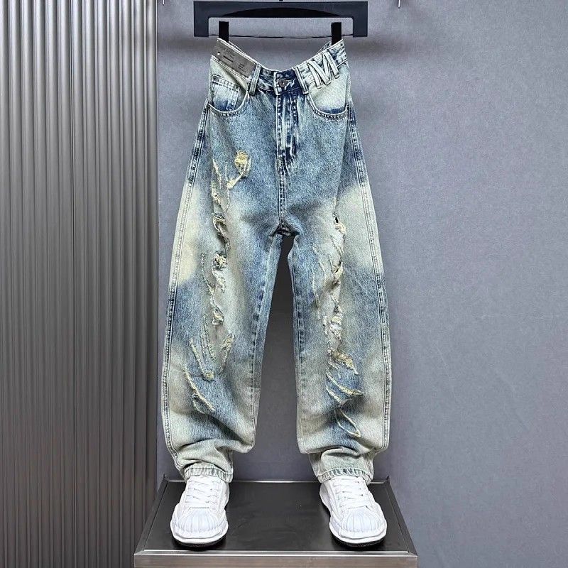 Men's Ripped Distressed Washed Denim Jeans High Street Style Summer Thin Loose Straight Leg Cool Trendy Wide Leg Pants_mkmklike.com