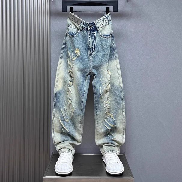 Men's Ripped Distressed Washed Denim Jeans High Street Style Summer Thin Loose Straight Leg Cool Trendy Wide Leg Pants_mkmklike.com