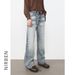 Nirben American High Street Style Whiskered Washed Jeans Flared Loose Straight Leg Pants mid Waist Long Non-Stretch Blue_mkmklike.com