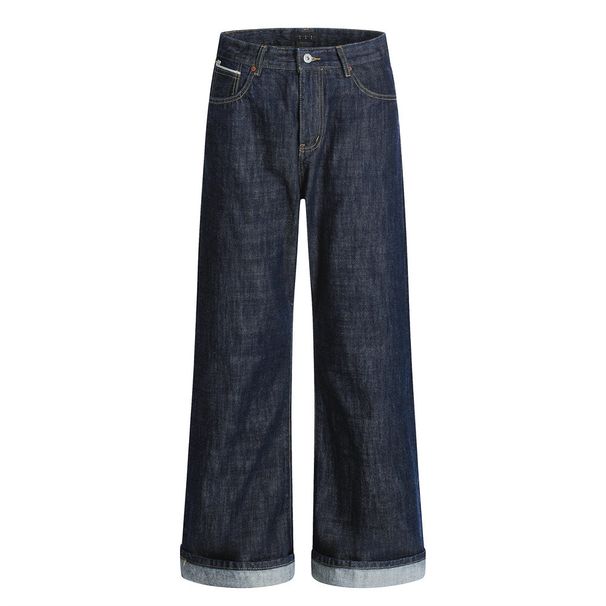 Loose Rolled Hem Denim Wide-Leg Men's Vibe High Street Trendy Cuffed Design Versatile Casual Pants_mkmklike.com
