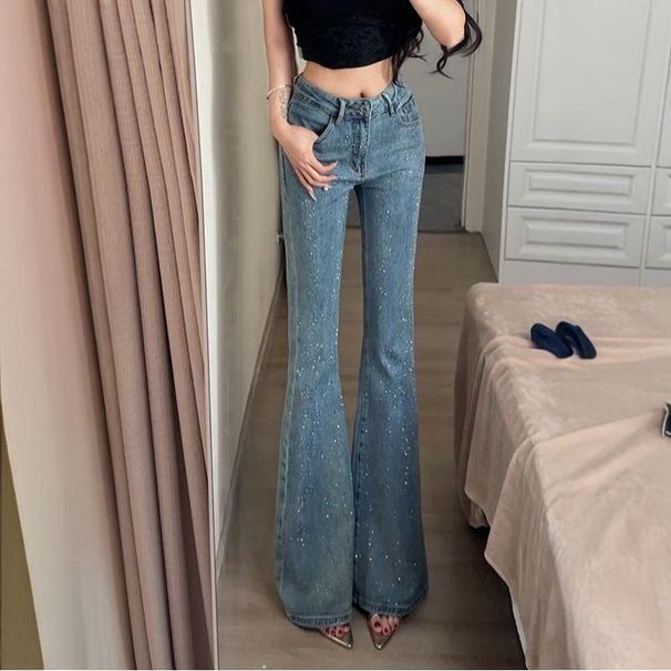 Women's Light Blue Washed Distressed Flared Jeans With Rhinestones, High-waisted, Slim-fit, Floor-length Trousers For_mkmklike.com