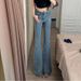 Women's Light Blue Washed Distressed Flared Jeans With Rhinestones, High-waisted, Slim-fit, Floor-length Trousers For_mkmklike.com