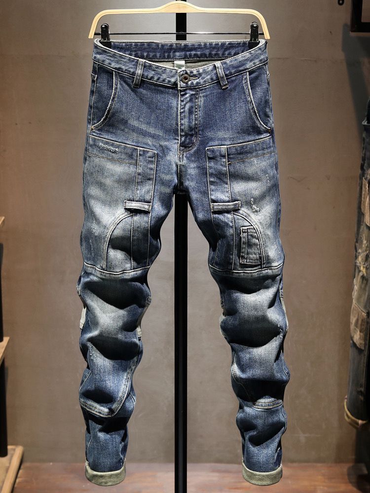 Men's High Street Skinny Jeans Trendy American Style Patchwork Design Elastic Slim Fit Trousers for Autumn And Winter 2024_mkmklike.com