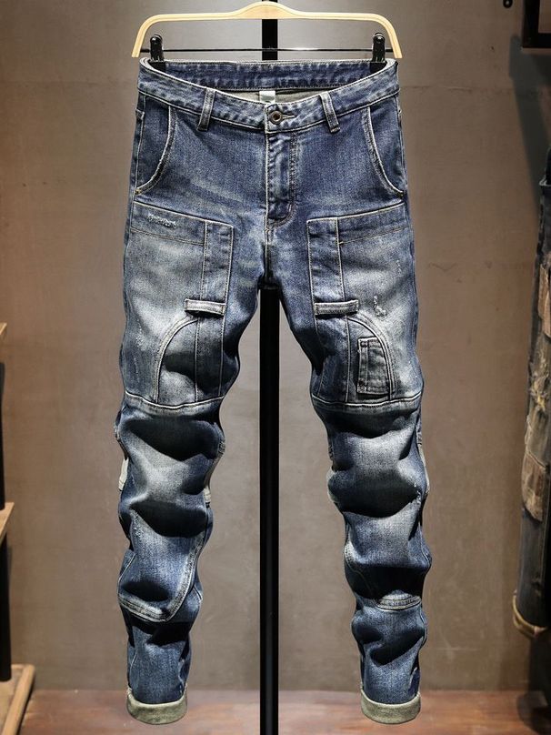 Men's High Street Skinny Jeans Trendy American Style Patchwork Design Elastic Slim Fit Trousers for Autumn And Winter 2024_mkmklike.com