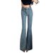 Women's Light Blue Washed Distressed Flared Jeans With Rhinestones, High-waisted, Slim-fit, Floor-length Trousers For_mkmklike.com