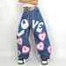 girl contrast color love graffiti print loose jeans mopping wide leg pants_mkmklike.com