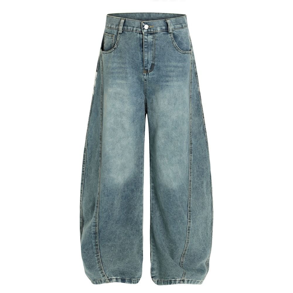 American High Street Character Letter Print Scimitar Jeans Men's Loose Wide Leg Niche Distressed Washed Long Pants_mkmklike.com