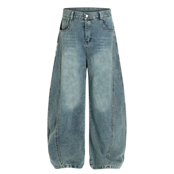 American High Street Character Letter Print Scimitar Jeans Men's Loose Wide Leg Niche Distressed Washed Long Pants_mkmklike.com