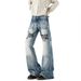 Men's Distressed Flared Jeans – Vintage-Inspired High Street Denim With Cat Whisker & Rivet Details (Blue, S-Xxxl)_mkmklike.com