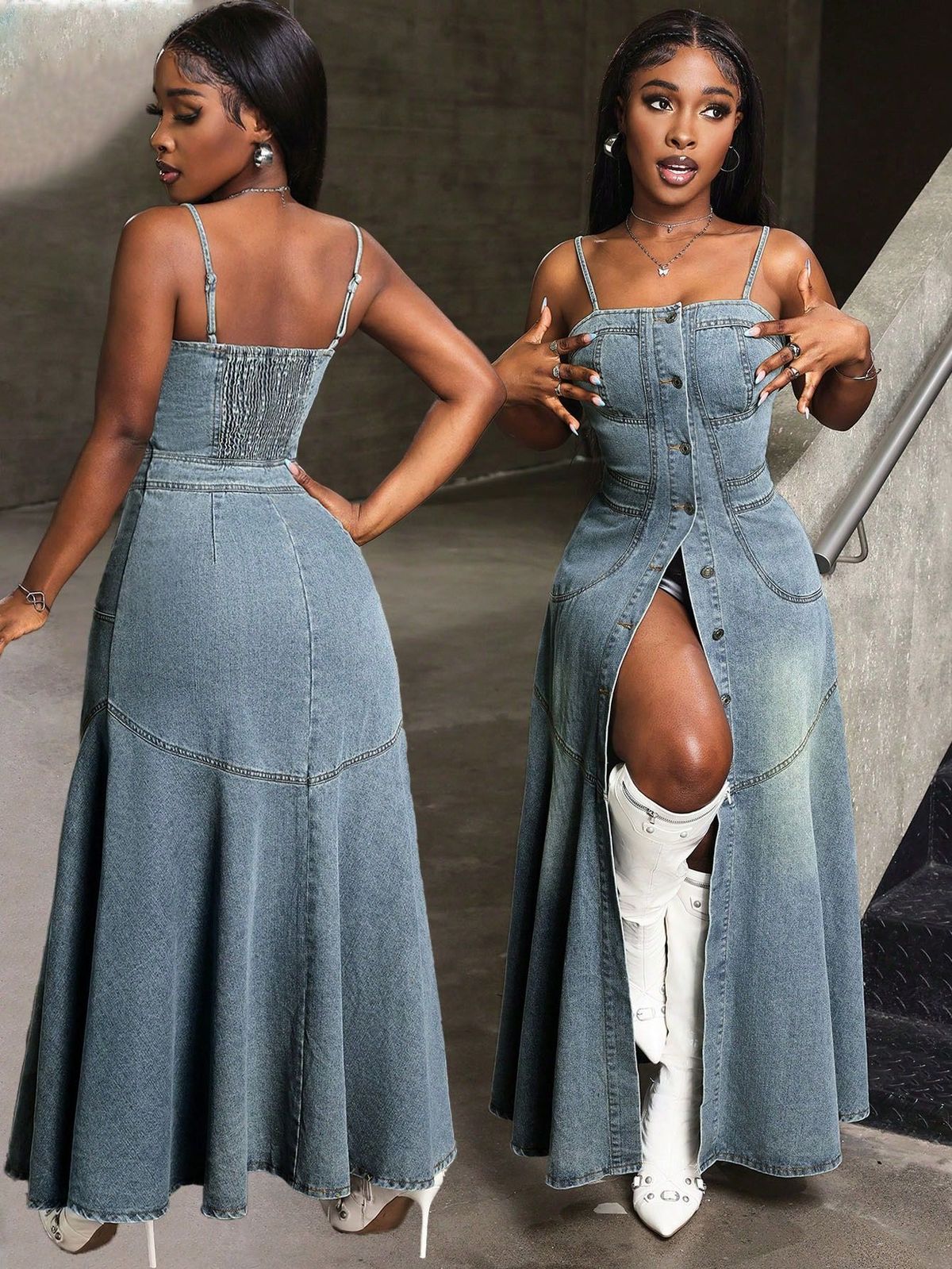 Women's Clothing Fashion Temperament Medium Length Single Breasted Suspender Denim Dress_mkmklike.com