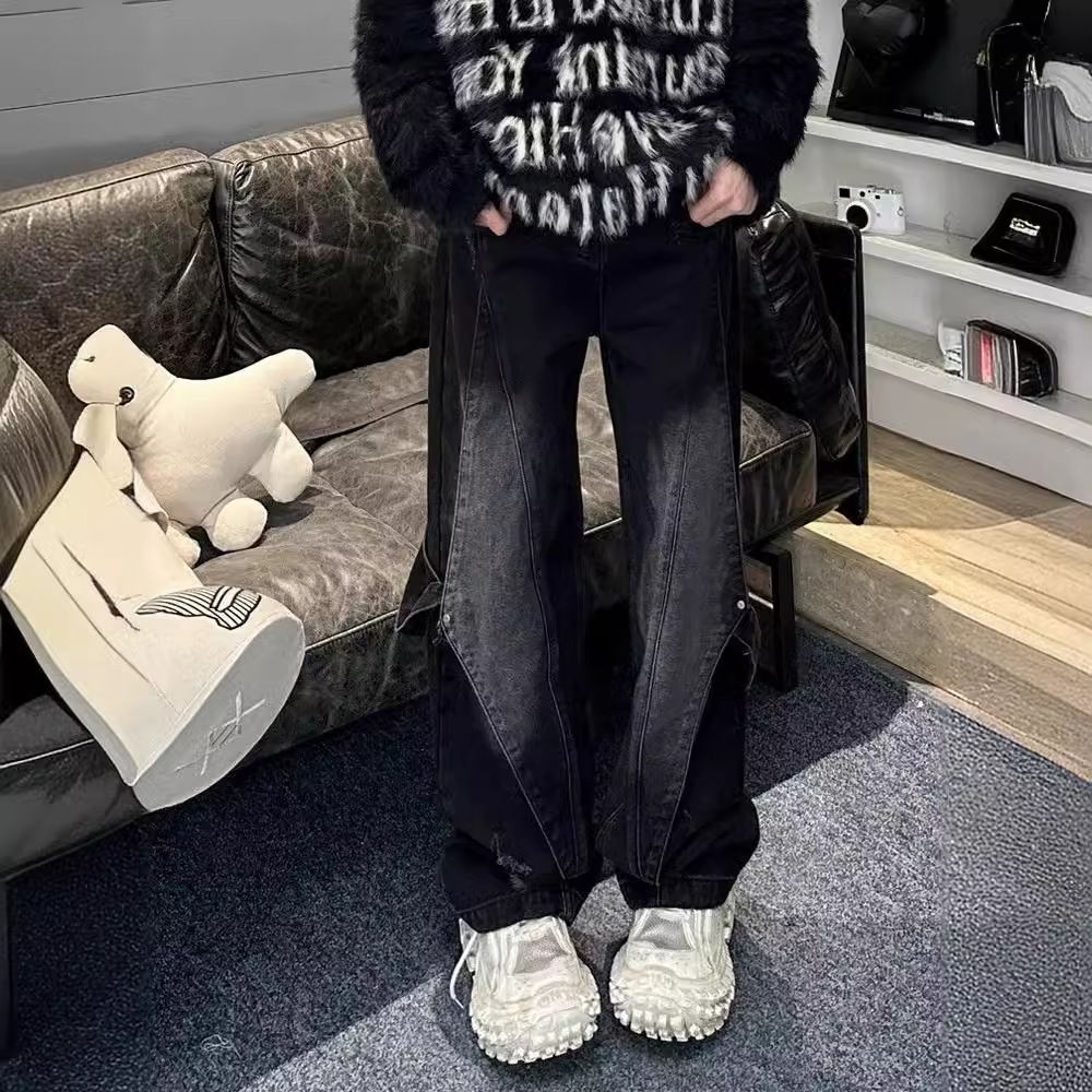 Men's Retro Heavy Duty Distressed Denim Jeans High Street Vibe Patchwork Straight Leg Wide Leg Trousers For Spring_mkmklike.com