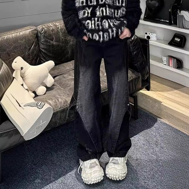 Men's Retro Heavy Duty Distressed Denim Jeans High Street Vibe Patchwork Straight Leg Wide Leg Trousers For Spring_mkmklike.com