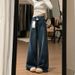 Petite Women's American Retro Distressed Flared Wide-leg Jeans, Loose High-waisted Slimming Straight-leg Casual Pants_mkmklike.com