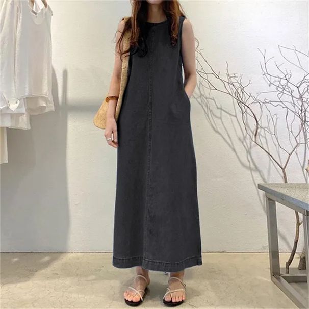 Women's Sleeveless Denim Long Dress Fashionable Round Neck Sleeveless Pocket Denim Skirt Loose Vest Denim Long Dress_mkmklike.com