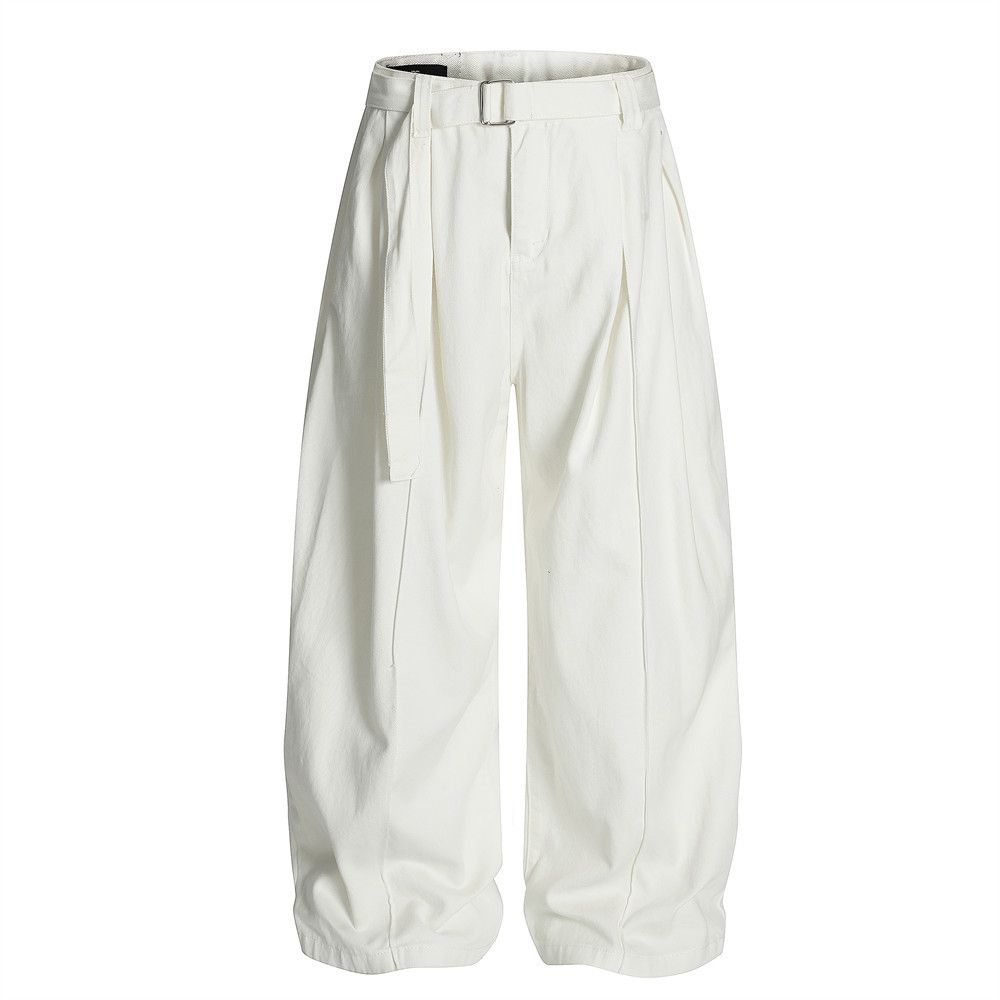 With Belt Loose Wide-Leg Jeans Men's INS Trendy Brand Solid Color Versatile Pleated Design Long Pants_mkmklike.com