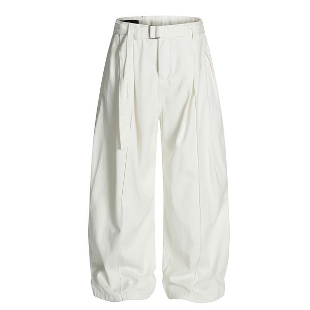 With Belt Loose Wide-Leg Jeans Men's INS Trendy Brand Solid Color Versatile Pleated Design Long Pants_mkmklike.com