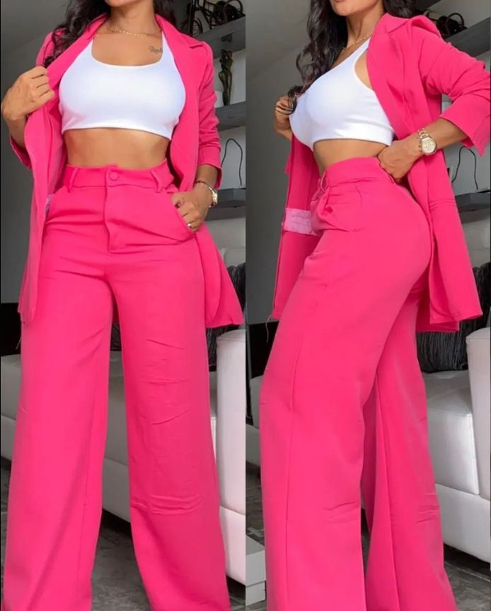 Women's Clothing Elegant Solid Color Split Sleeve Lapel Suit Pocket Straight Pants Suit_mkmklike.com