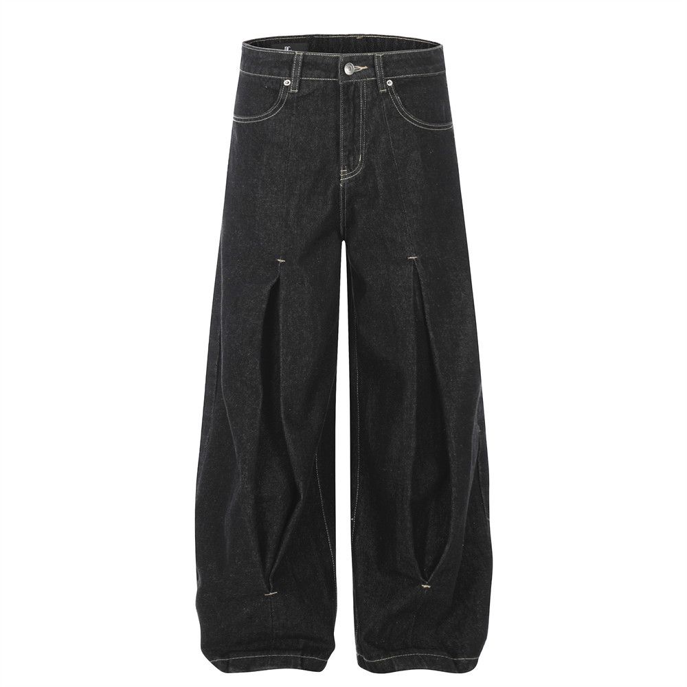 Pleated Wide-Leg Design Jeans Men's Street Fashion American Style Loose Casual Niche Dad Long Pants_mkmklike.com