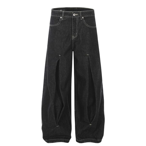 Pleated Wide-Leg Design Jeans Men's Street Fashion American Style Loose Casual Niche Dad Long Pants_mkmklike.com