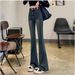 Cement Gray Flared Jeans Women, High-waisted, 2025 Autumn And Winter, Stretchy, Fleece-lined, Thickened, Slim-fit,_mkmklike.com