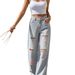 High-Waisted Ripped Wide Leg Jeans Women's Pink Frayed Edges Color-Block Straight Leg Trousers European American Style_mkmklike.com