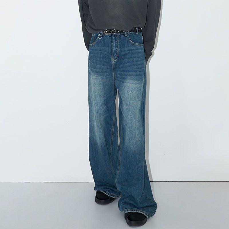 American Retro Baggy Jeans For Men – Washed Blue Wide-Leg Denim Pants, Loose Fit Straight Cut (S-XL)_mkmklike.com