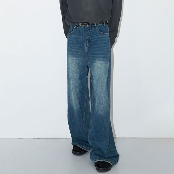 American Retro Baggy Jeans For Men – Washed Blue Wide-Leg Denim Pants, Loose Fit Straight Cut (S-XL)_mkmklike.com