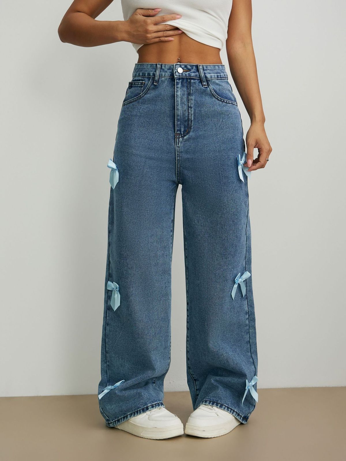 Streetwear Bow-Tie Distressed Jeans - High Waist Wide Leg Loose Fit Denim Pants For Women_mkmklike.com