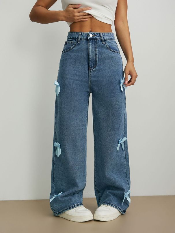 Streetwear Bow-Tie Distressed Jeans - High Waist Wide Leg Loose Fit Denim Pants For Women_mkmklike.com
